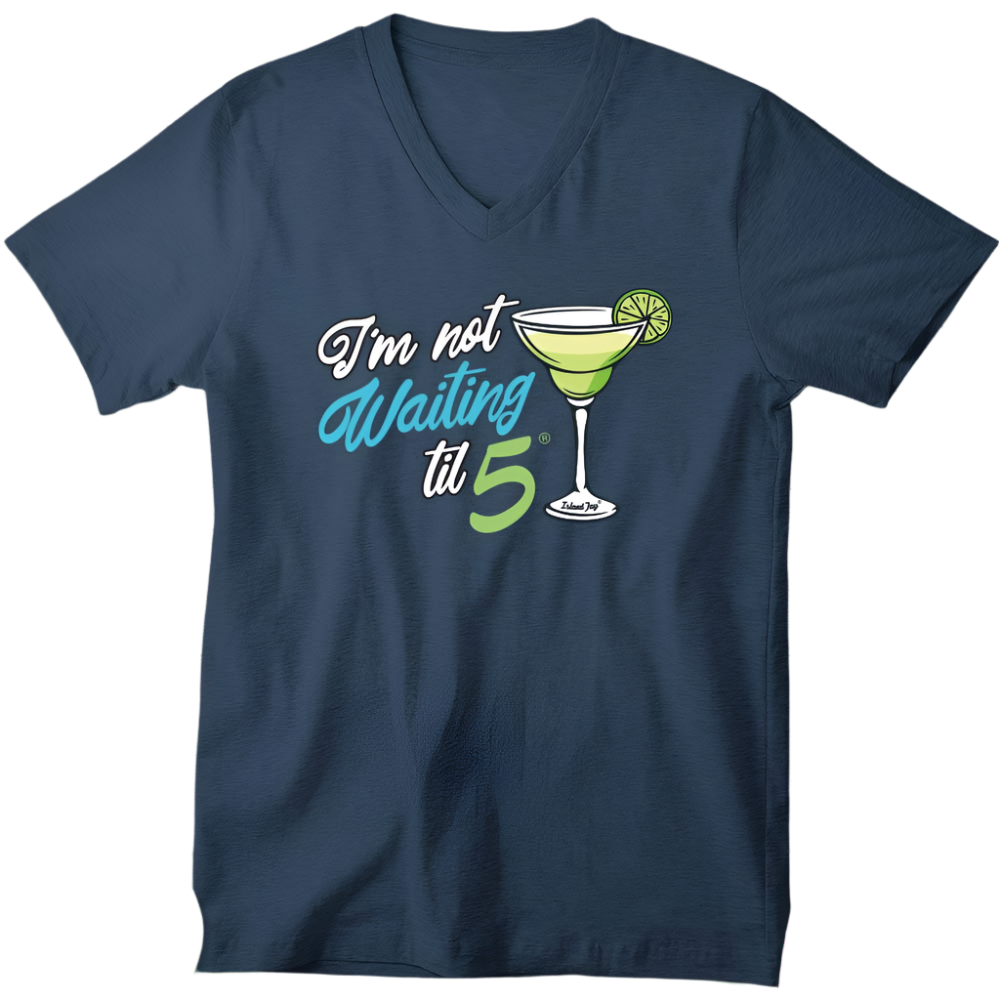Navy blue t-shirt with a cocktail graphic and text "I'm not waiting til 5"