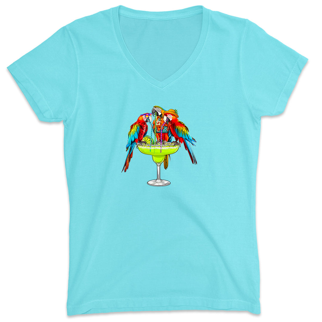 Margarita Parrot Party T-Shirt. It's always a party with these 3 birds, Mango, Salsa, and Tiki. Women's Aqua V-0Neck