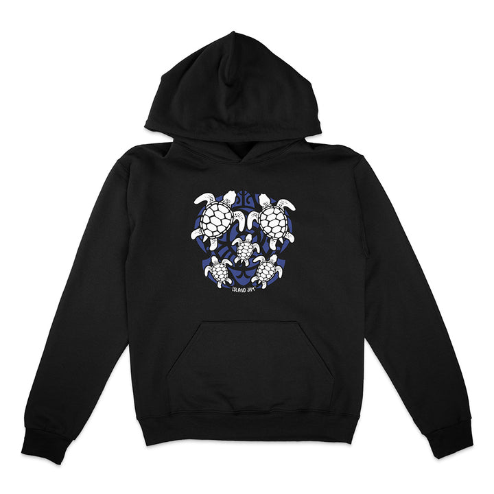 Black hoodie with a blue and white turtle graphic on a white background