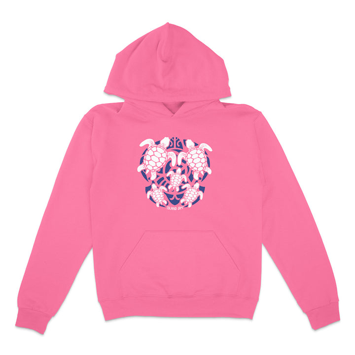 Pink hoodie with a blue and white turtle graphic on a white background