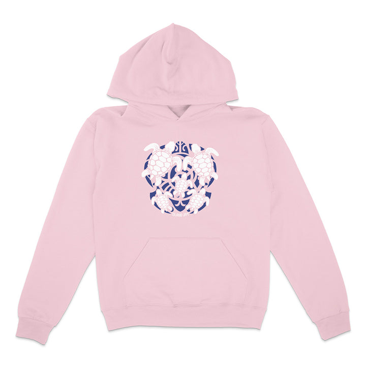 Pink hoodie with a blue and white turtle graphic on a white background