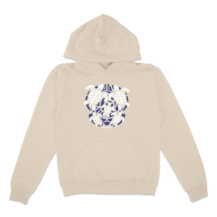 Beige hoodie with a blue and white turtle graphic on a white background