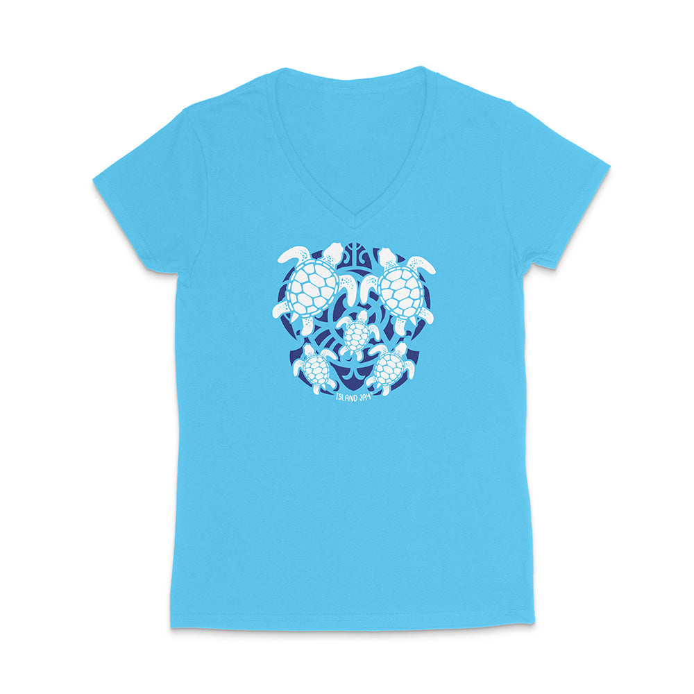 Blue t-shirt with turtle design on a white background.