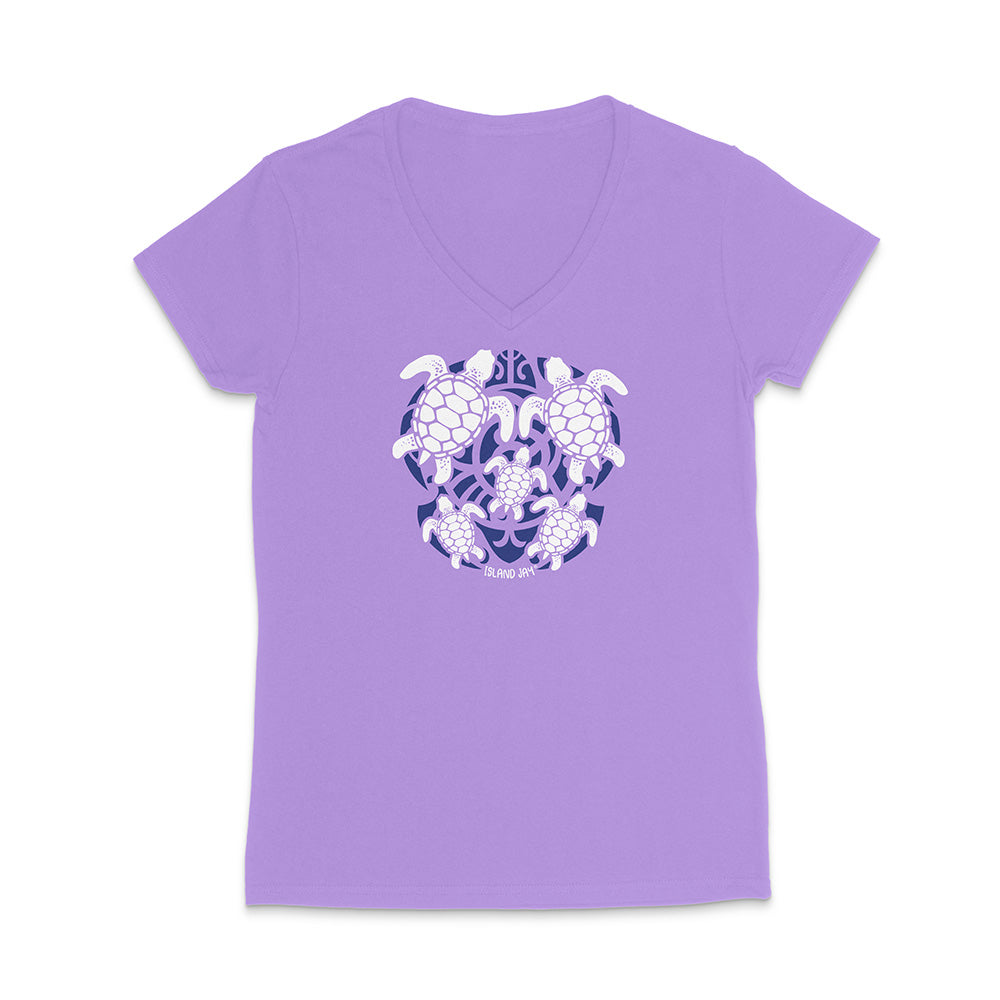 Purple t-shirt with a turtle design on a white background