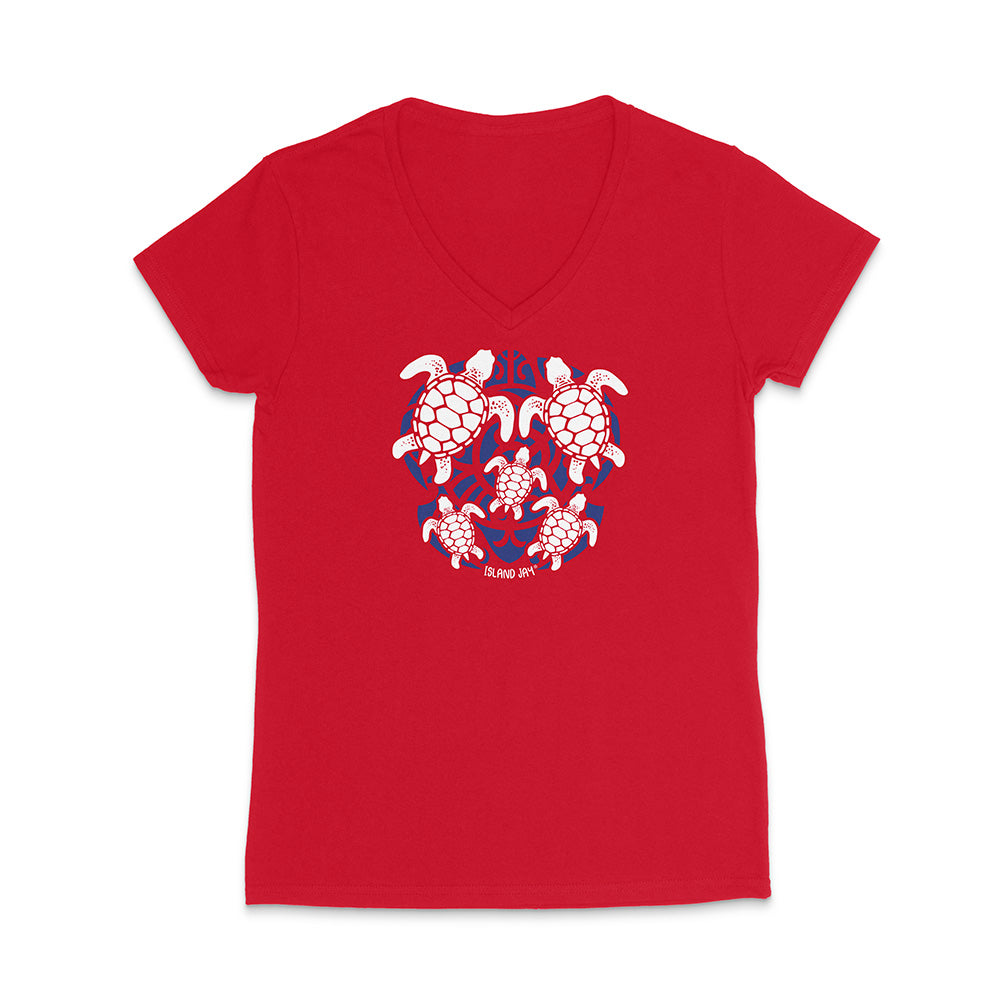 Red V-neck t-shirt with turtle design on a white background