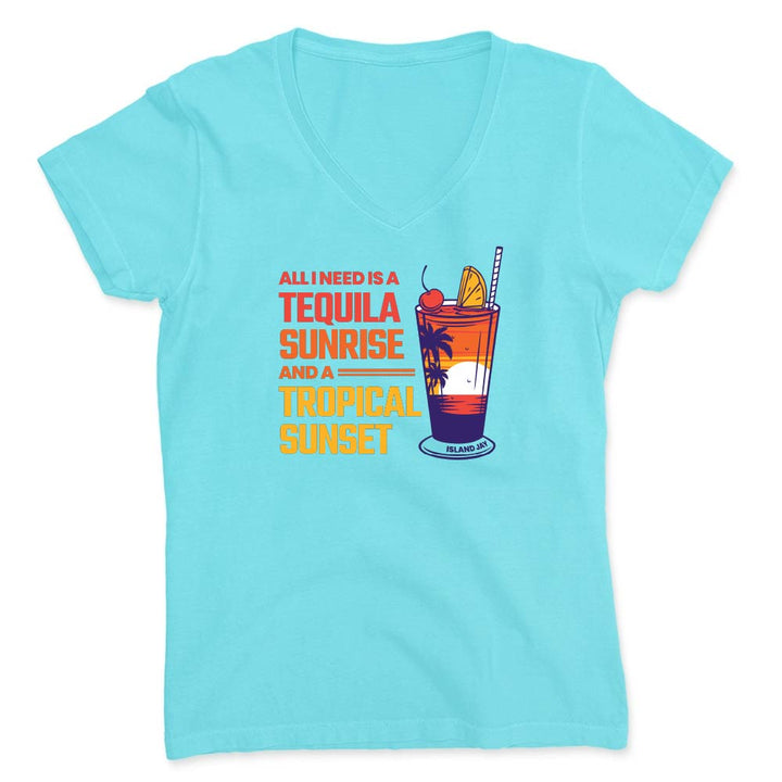 Light blue t-shirt with a tequila sunrise graphic and text on a white background