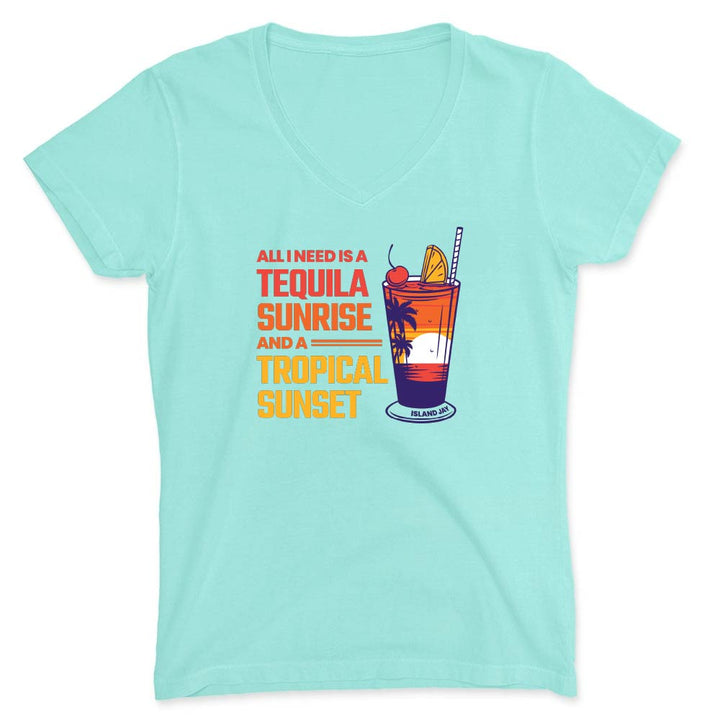 Light blue t-shirt with a tequila sunrise graphic and text on a white background