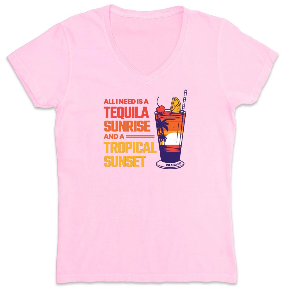 Pink t-shirt with tequila sunrise graphic and text on a white background