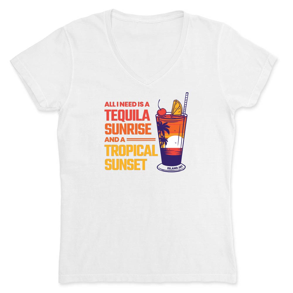 White t-shirt with a tequila sunrise graphic and text on a white background