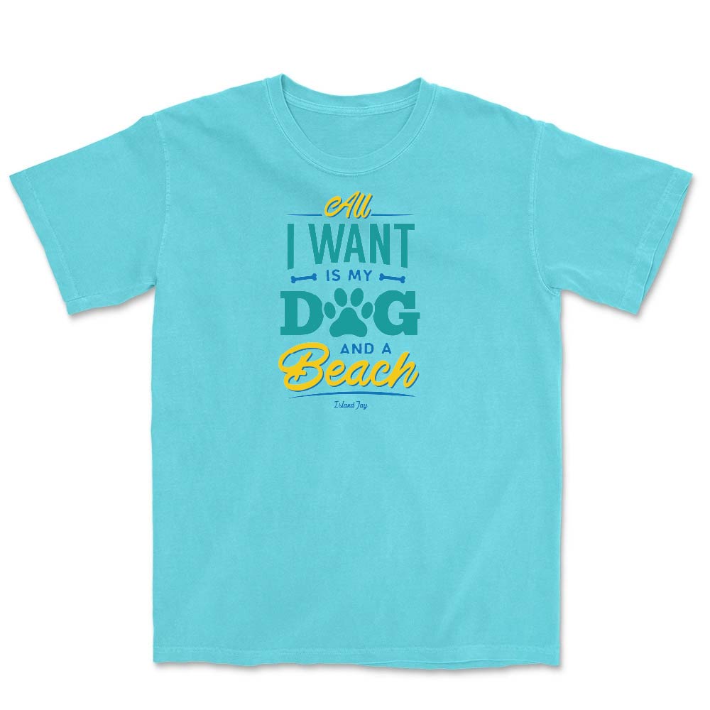 Light blue t-shirt with colorful text design reading "All I Want Is My Dog And A Beach".