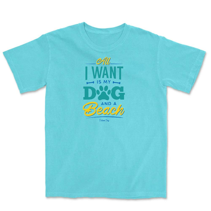 Light blue t-shirt with colorful text design reading "All I Want Is My Dog And A Beach".