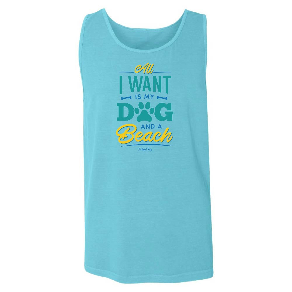 Blue tank top with colorful text design reading "All I Want Is My Dog And A Beach".