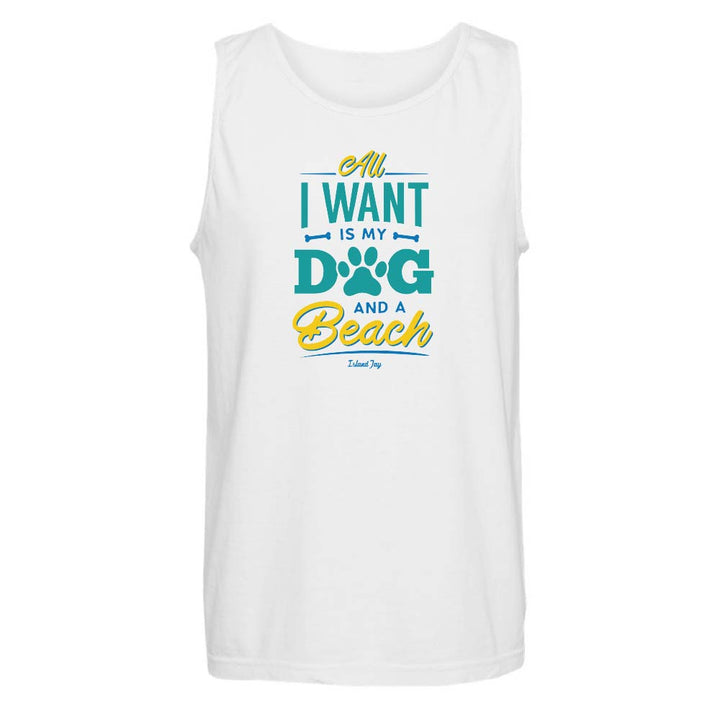 White tank top with colorful text design reading "All I Want Is My Dog And A Beach".