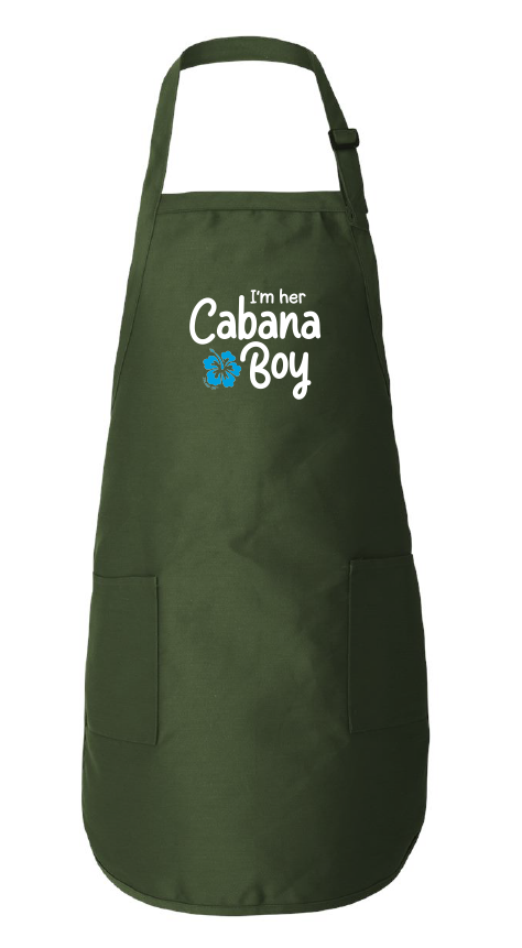 Green apron with 'I'm her Cabana Boy' text on a white background