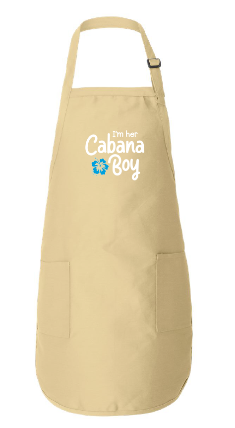 Beige apron with 'I'm her Cabana Boy' text on a white background