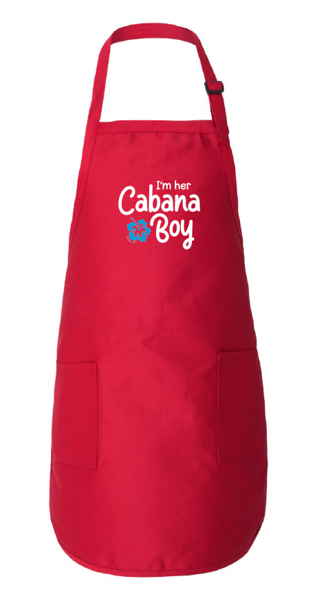 Red apron with 'I'm her Cabana Boy' text on a white background