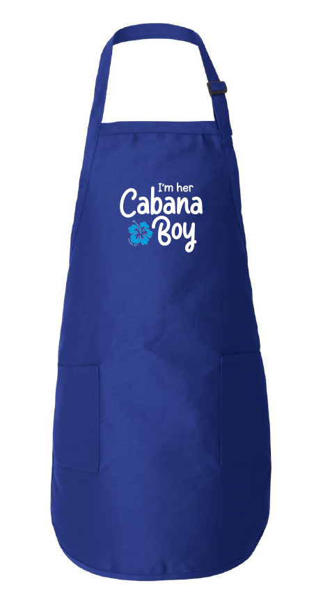 Blue apron with 'I'm her Cabana Boy' text on a white background