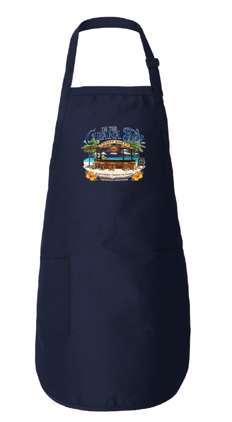 Navy apron with a colorful graphic design on a white background