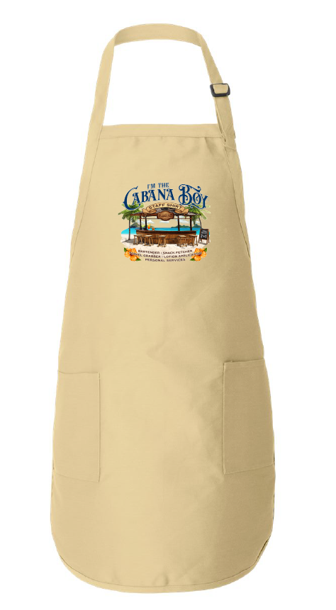Beige apron with a colorful graphic on a white background
