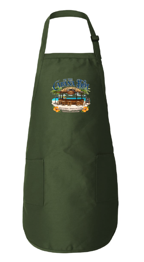 Green apron with a colorful graphic design on a white background