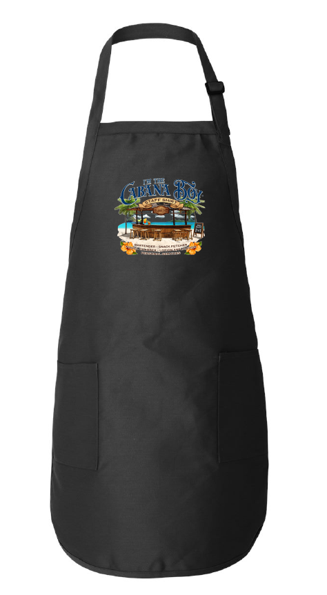 Black apron with a colorful graphic design on a white background