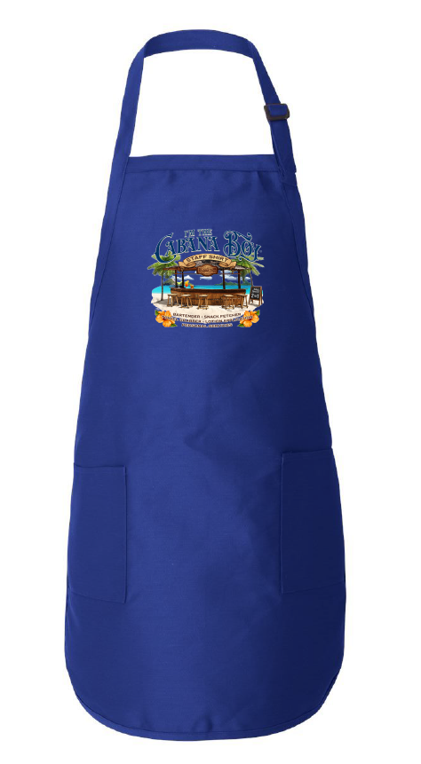 Blue apron with a colorful graphic design on a white background