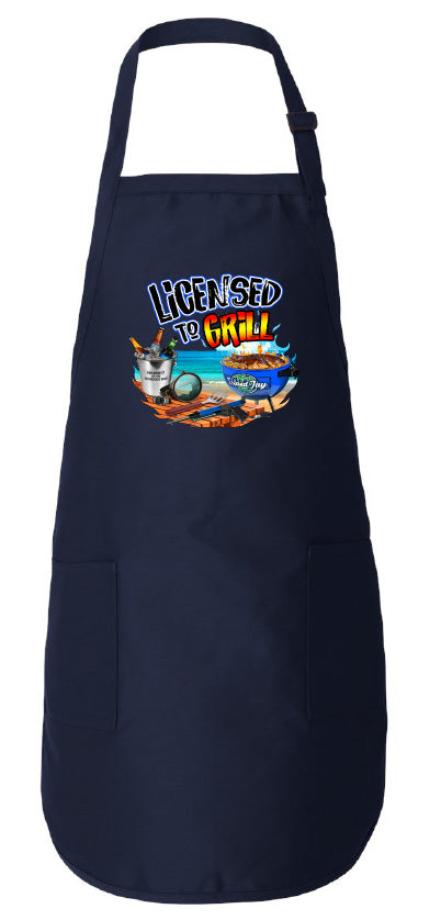 Navy apron with 'Licenced to Grill' graphic on a white background