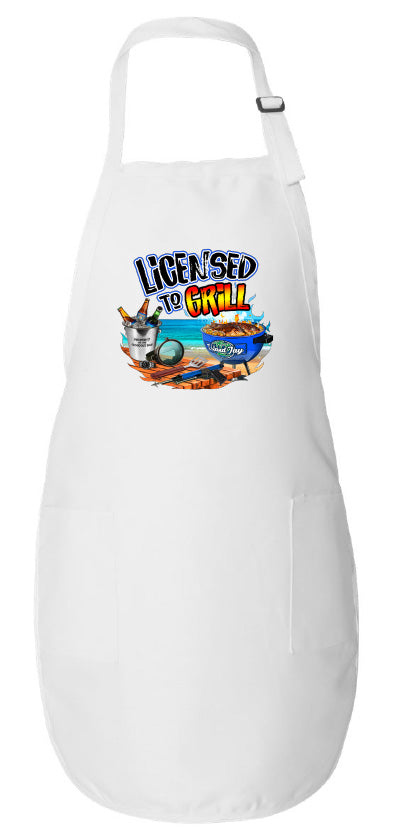 White apron with 'Licensed to Grill' graphic on a white background