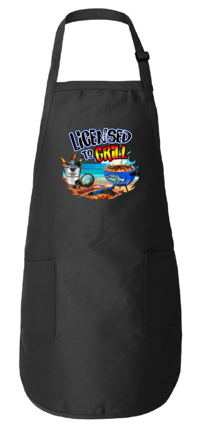 Black apron with a graphic design on a white background