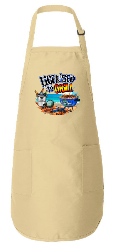 Beige apron with 'LICENSED TO GRILL' graphic on a white background