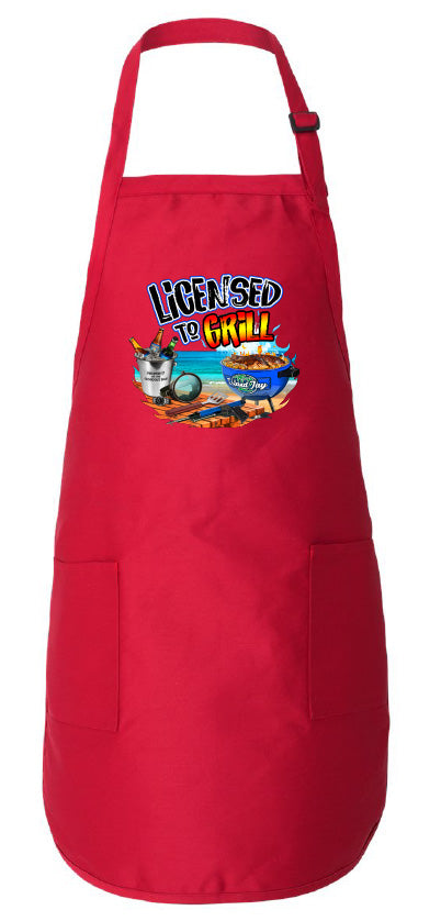 Red apron with a graphic design on a white background