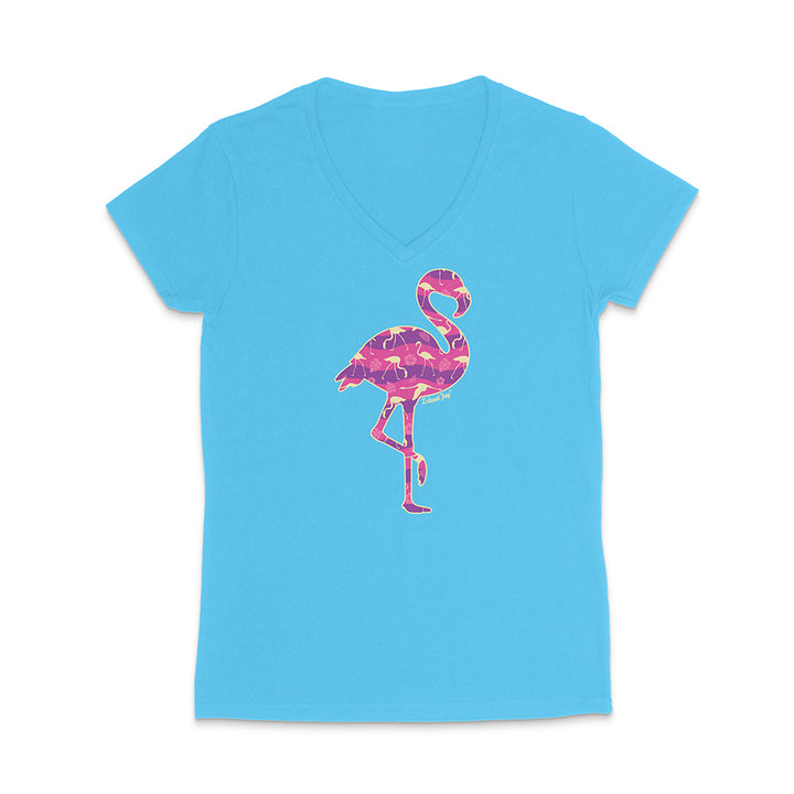 Blue v-neck t-shirt with a colorful flamingo design on a white background
