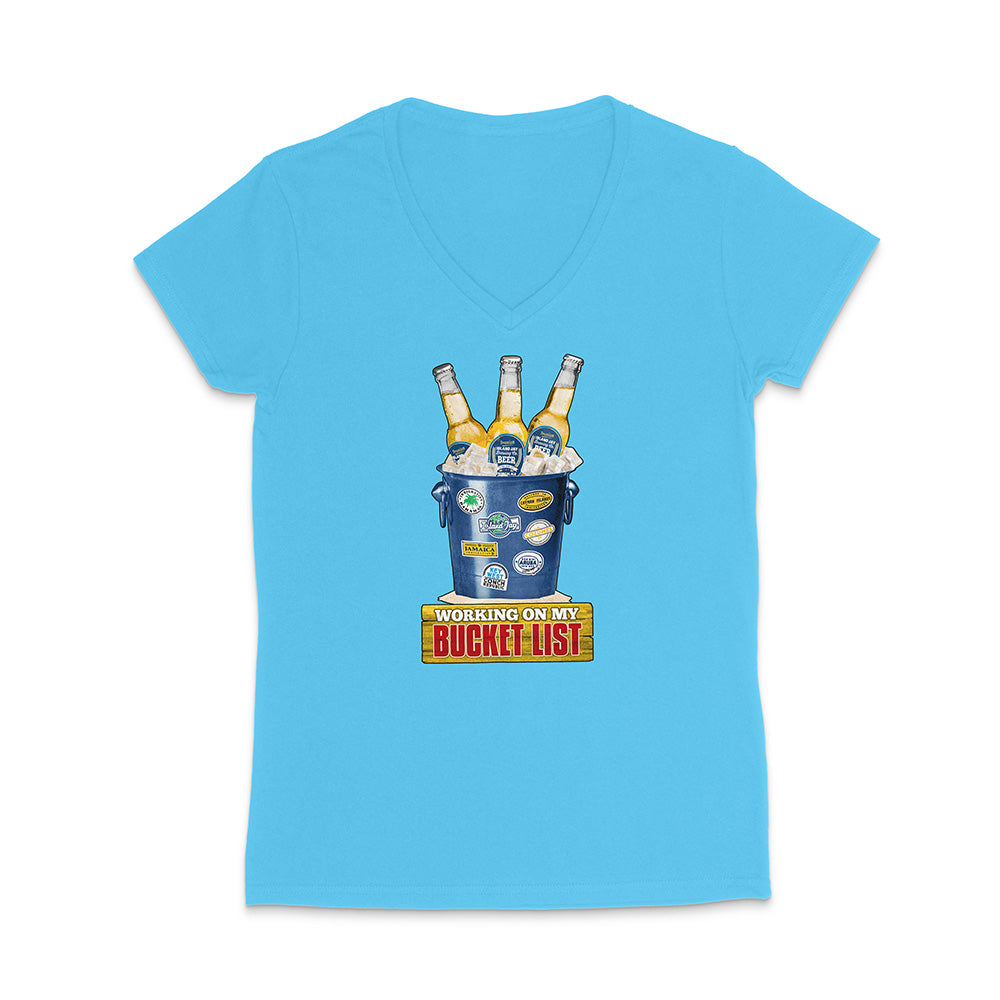 Blue t-shirt with a graphic of a beer bucket with graphic text reading 'Working on my Bucket List' on a white background.