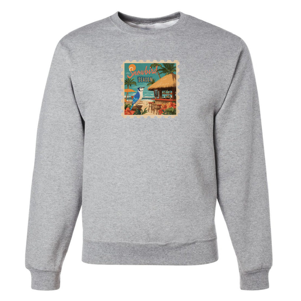 Gray sweatshirt with a colorful graphic on a white background