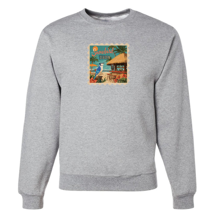 Gray sweatshirt with a colorful graphic on a white background