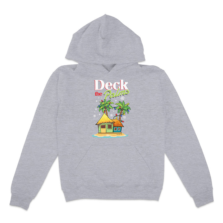 Grey Hoodie with a tropical hut and palm tree design with graphic text reading "Deck The Palms" on a white background.