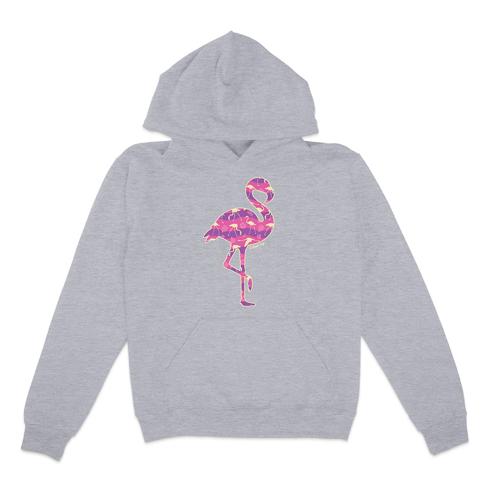 Grey hoodie with a colorful flamingo design on a white background.