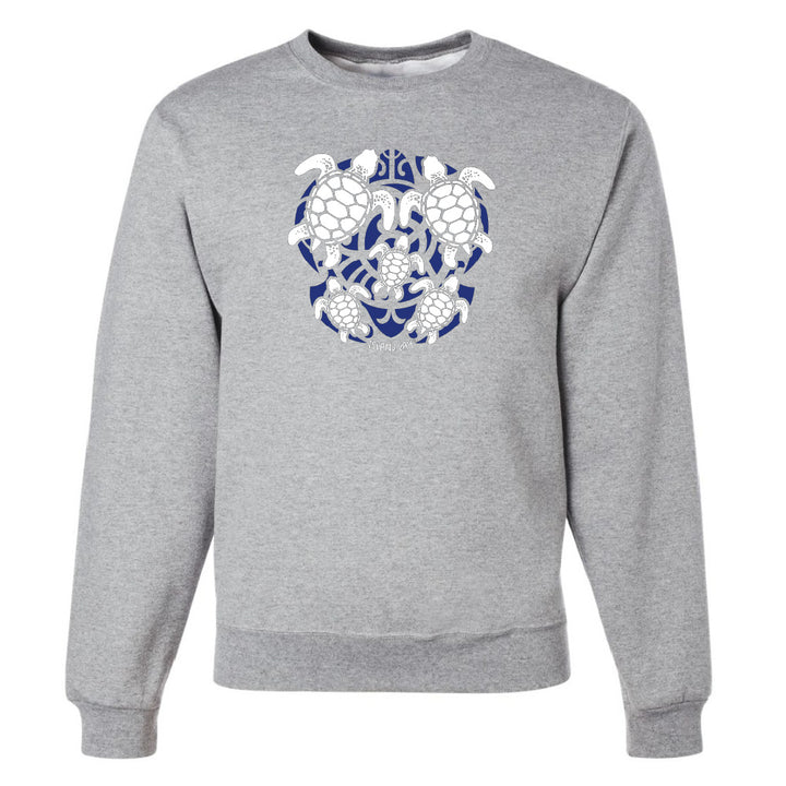 Heather Grey hoodie with a blue and white turtle graphic on a white background