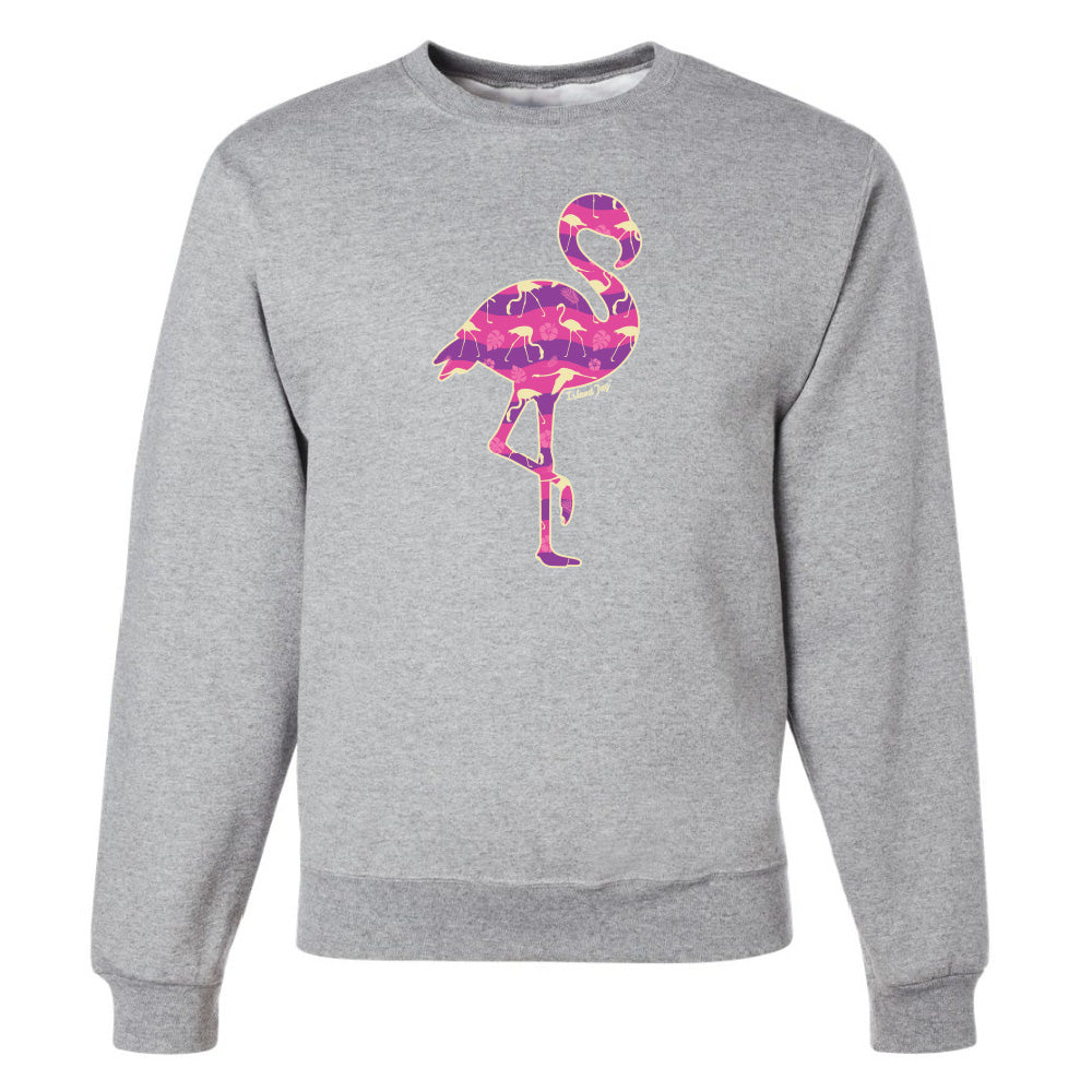 Grey sweatshirt with a colorful flamingo design on a white background