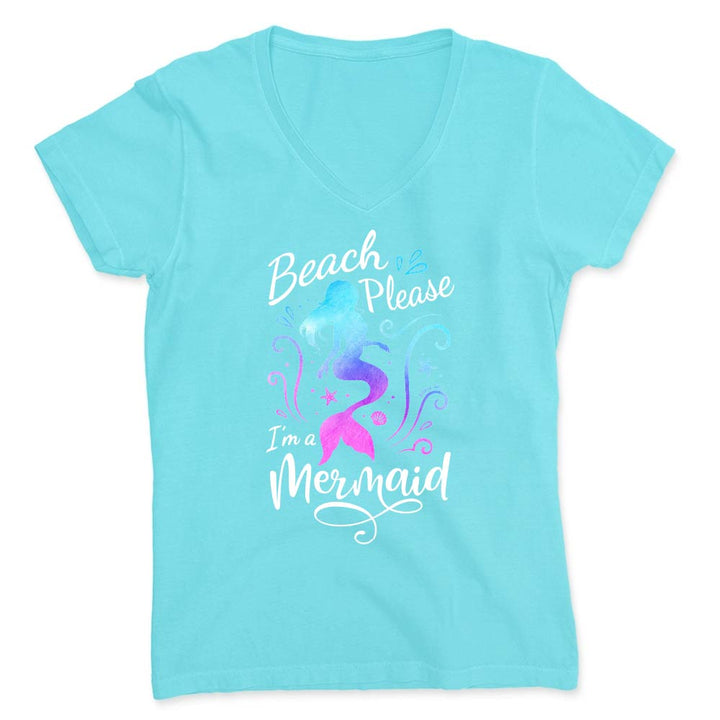 Light blue t-shirt with 'Beach Please I'm a Mermaid' text and mermaid graphics on a white background