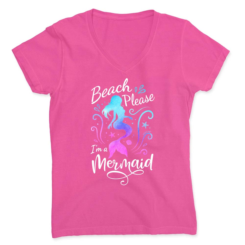 Pink t-shirt with mermaid design and text on a white background