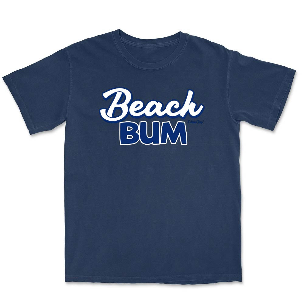 Navy T-shirt the the phrase "Beach Bum" on the front