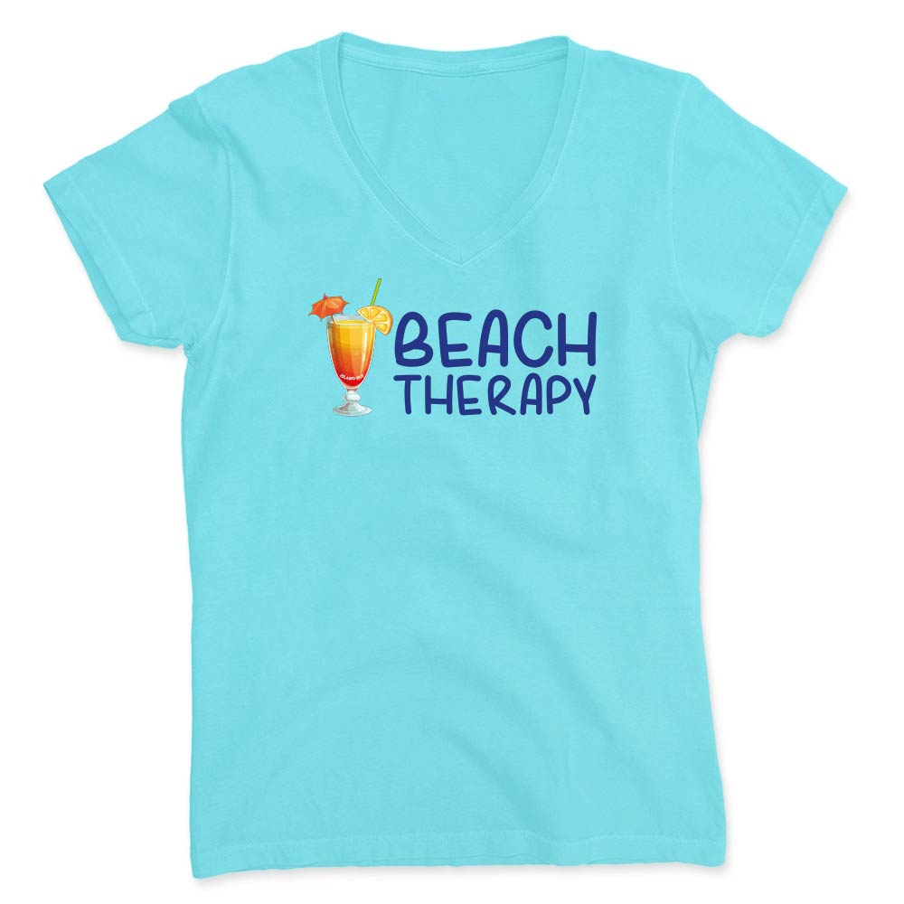 Light blue t-shirt with 'Beach Therapy' and cocktail graphic on a white background