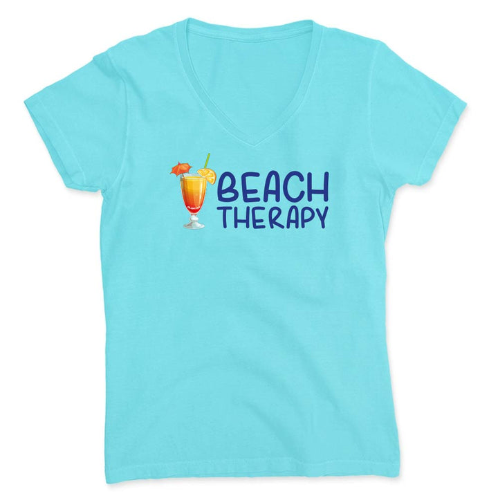 Light blue t-shirt with 'Beach Therapy' and cocktail graphic on a white background