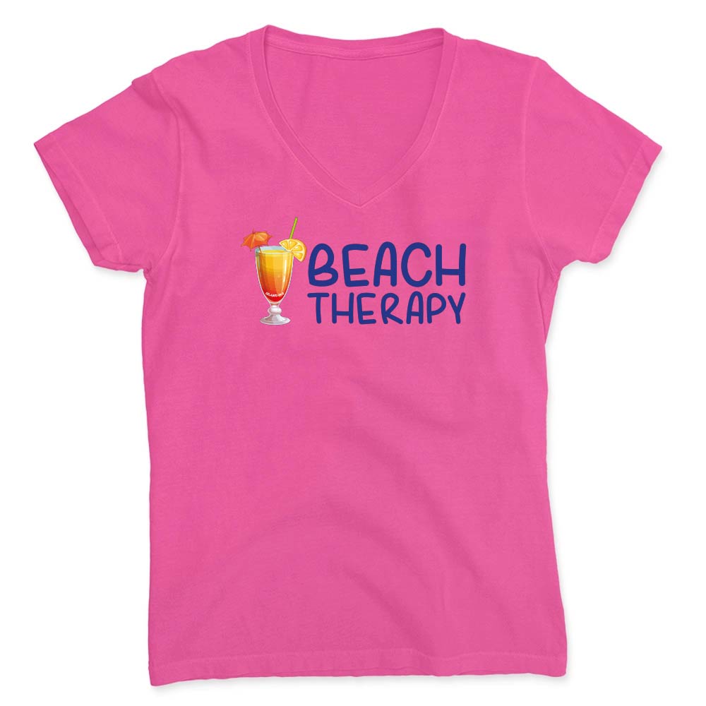 Pink t-shirt with 'Beach Therapy' text and cocktail graphic on a white background