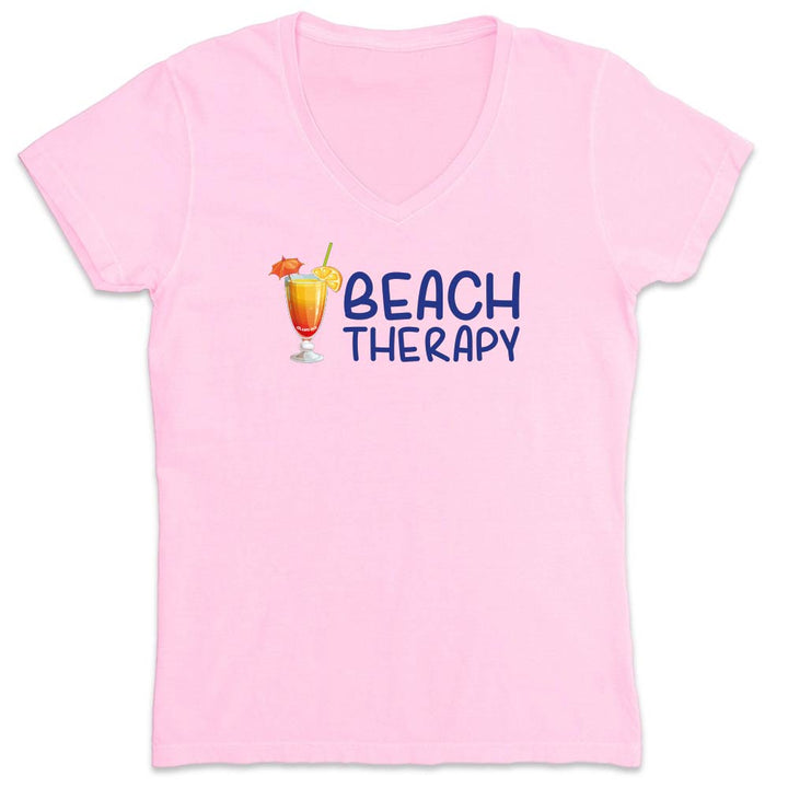 Pink t-shirt with 'Beach Therapy' text and cocktail graphic on a white background
