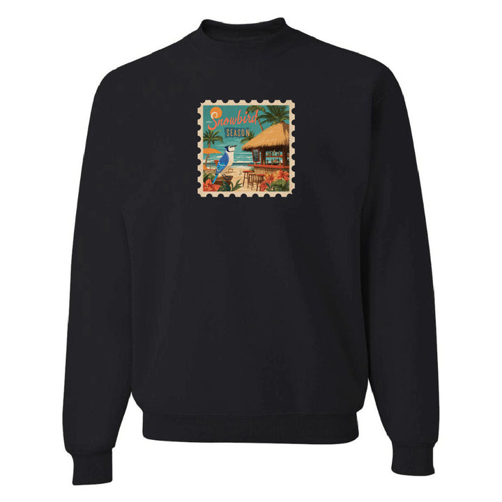Black sweatshirt with a colorful graphic on a white background