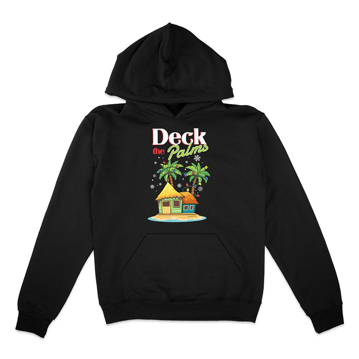 Black Hoodie with a tropical hut and palm tree design with graphic text reading "Deck The Palms" on a white background.