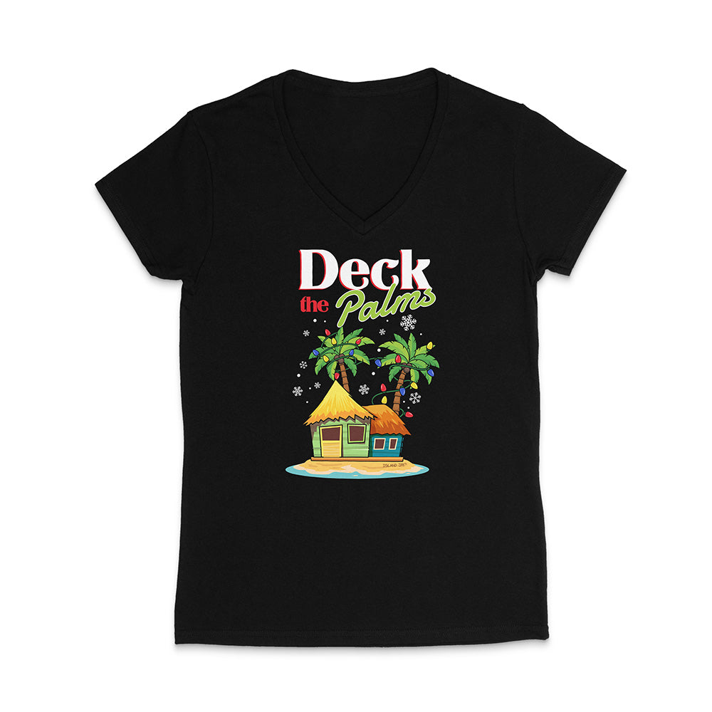 Black t-shirt with a tropical hut and palm trees graphic and 'Deck the Palms' text on a white background.