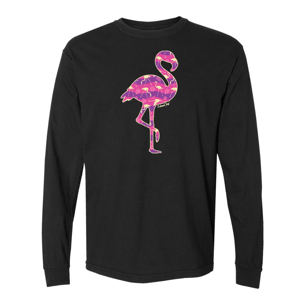 Black long-sleeve shirt with a pink flamingo design on a white background